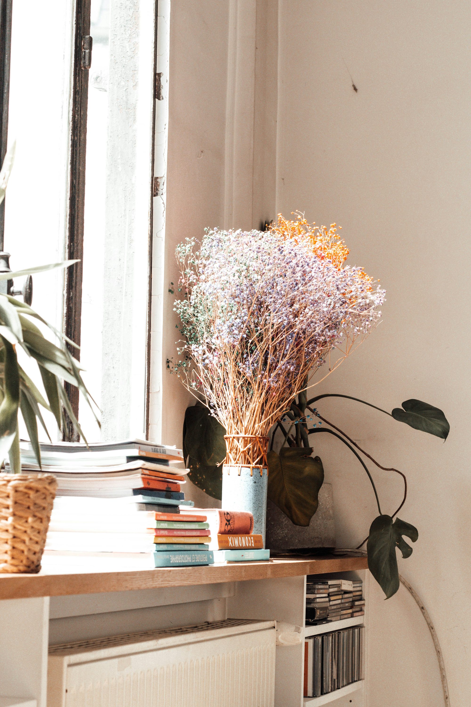 white and brown flower in white ceramic vase on brown wooden table